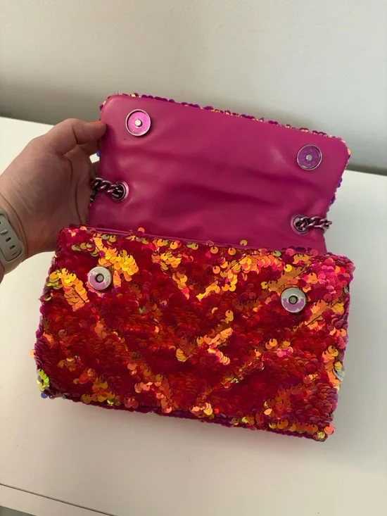 Kurt Geiger Pink and Gold Sequin Chain Crossbody Bag - Picture 9 of 16